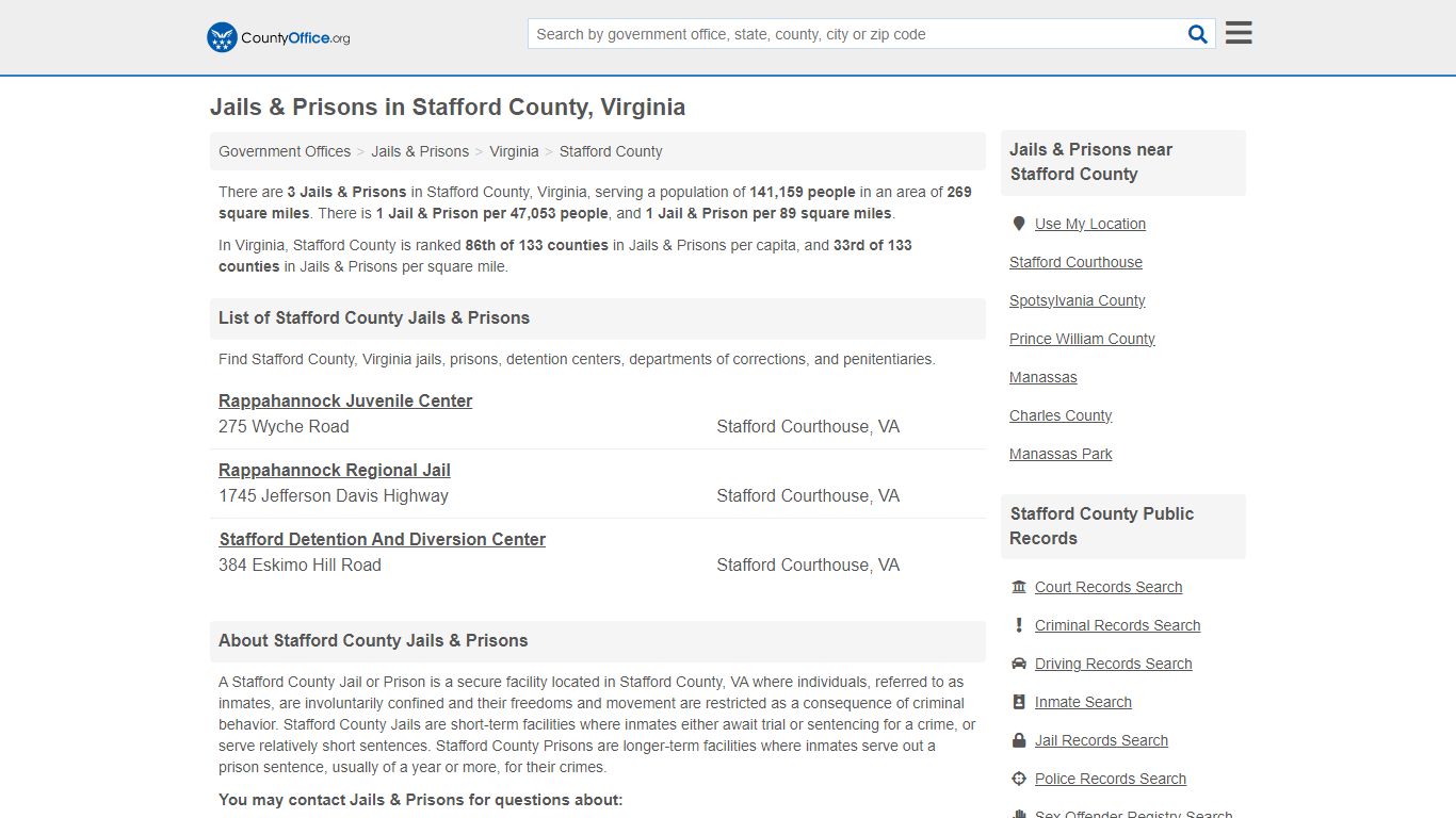 Jails & Prisons - Stafford County, VA (Inmate Rosters & Records)